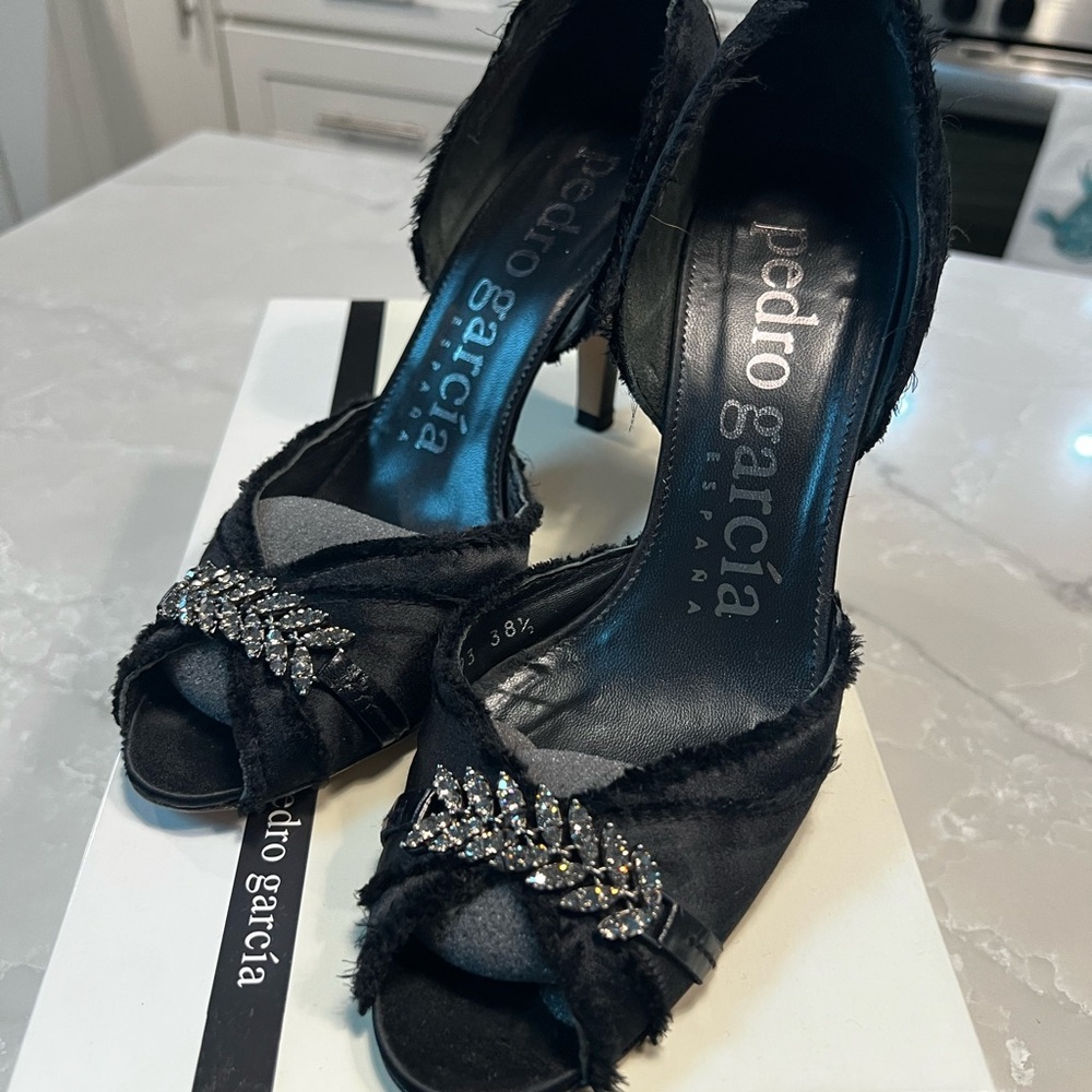 VINTAGE Pedro Garcia Black Raw Satin Heels with Crystal Accents